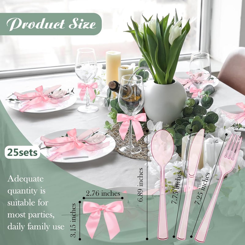 Minatee 25 Sets Pink Plastic Cutlery Set with Twist Tie Bows, Heavy Duty Tableware Disposable Pink Forks Knives and Spoons Silverware Utensils Set for Coquette Birthday Party Table Setting Picnics - Image 4